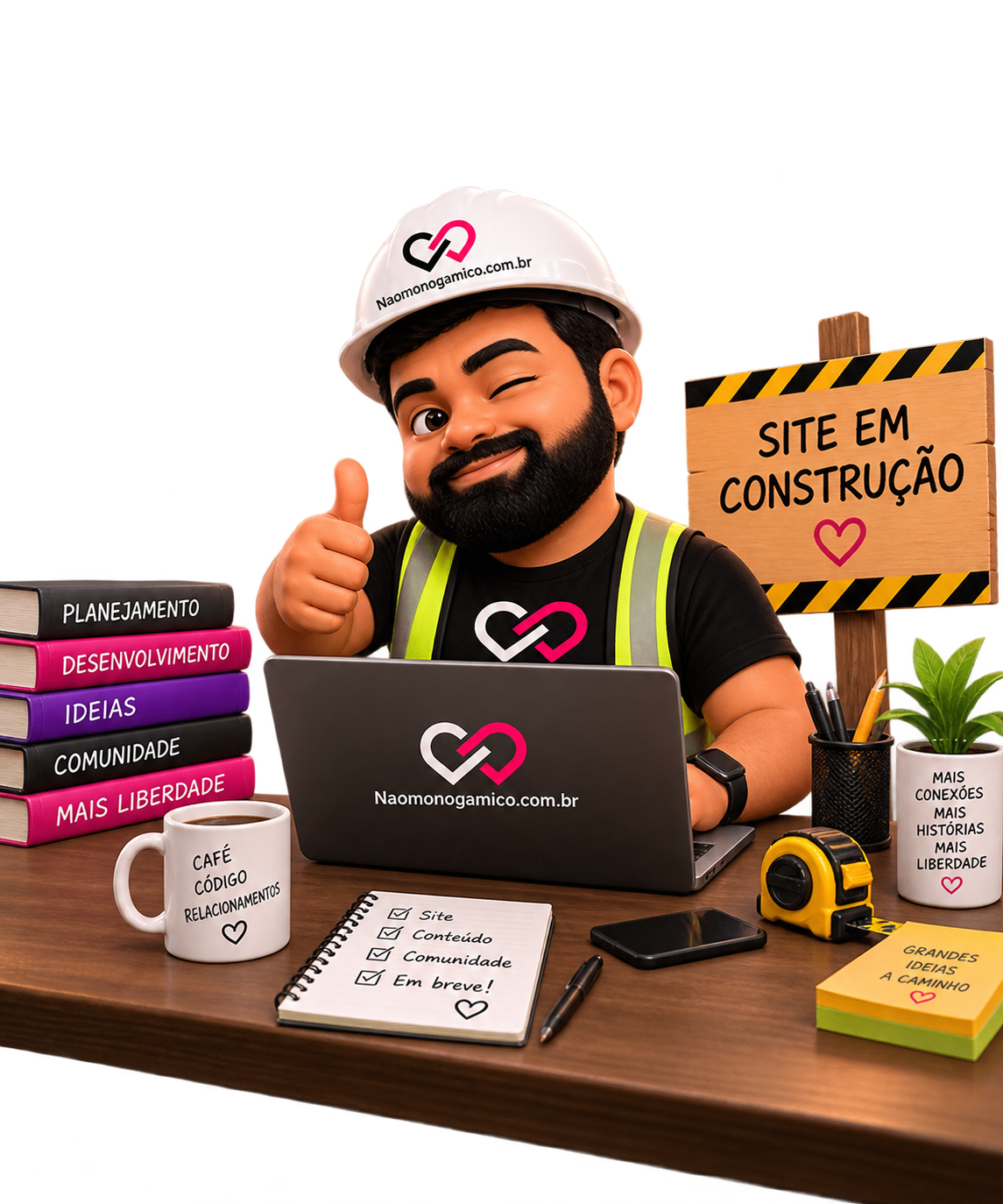 Mascote construindo o site Não Monogâmico